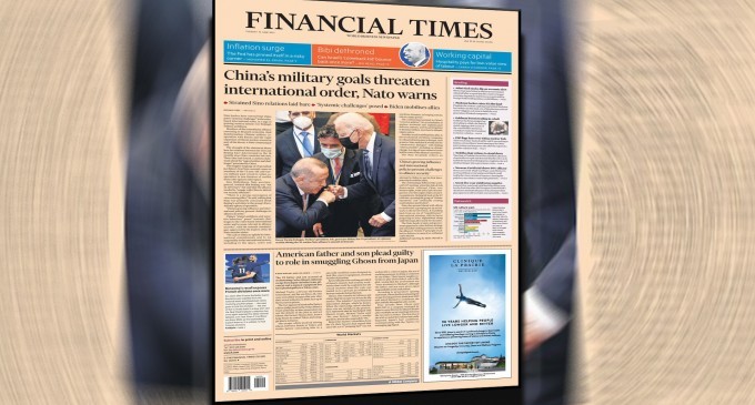İngiliz Financial Times gazetesi, dünkü NATO zirvesini Erdoğan’ın ABD Başkanı Biden’in önünde eğildiği izlenimi veren bir fotoğrafla manşetine taşıdı.